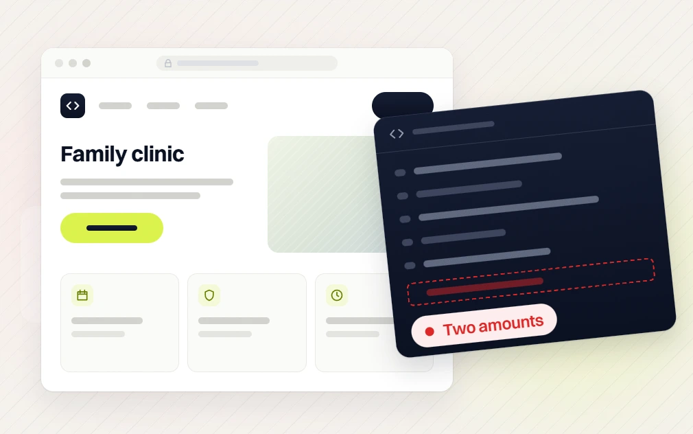 WordPress website development services Family clinic page with a code panel flagging two amounts