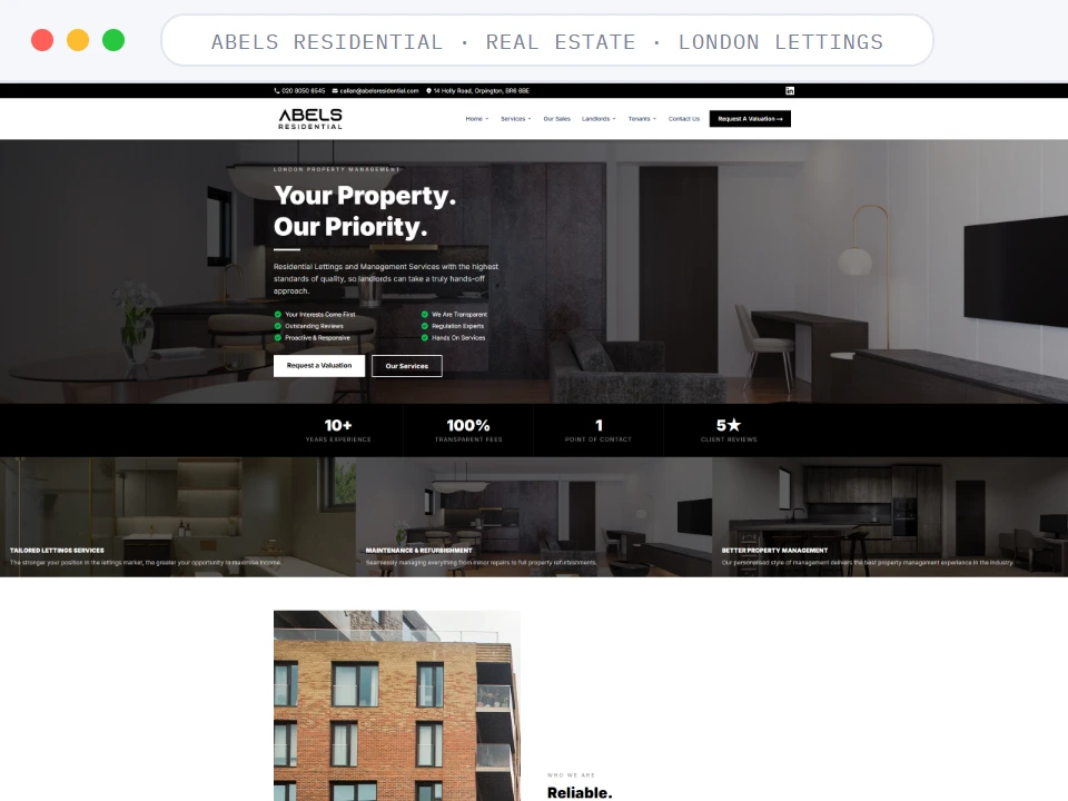 Homepage of Abels Residential, a Real Estate · London Lettings business, shown in a browser window