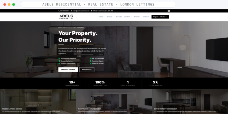 Homepage of Abels Residential, a Real Estate · London Lettings business, shown in a browser window