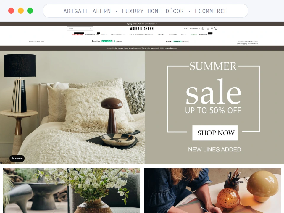 Homepage of Abigail Ahern, a Luxury home décor · Ecommerce business, shown in a browser window