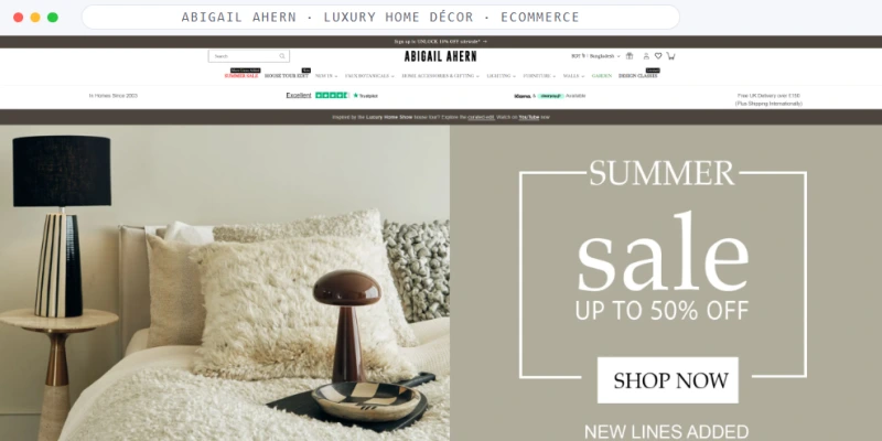 Homepage of Abigail Ahern, a Luxury home décor · Ecommerce business, shown in a browser window