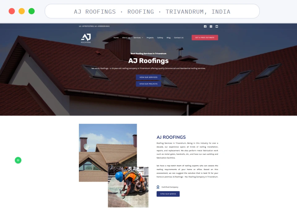 Homepage of AJ Roofings, a Roofing · Trivandrum, India business, shown in a browser window