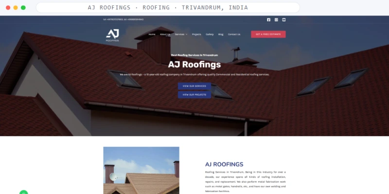 Homepage of AJ Roofings, a Roofing · Trivandrum, India business, shown in a browser window