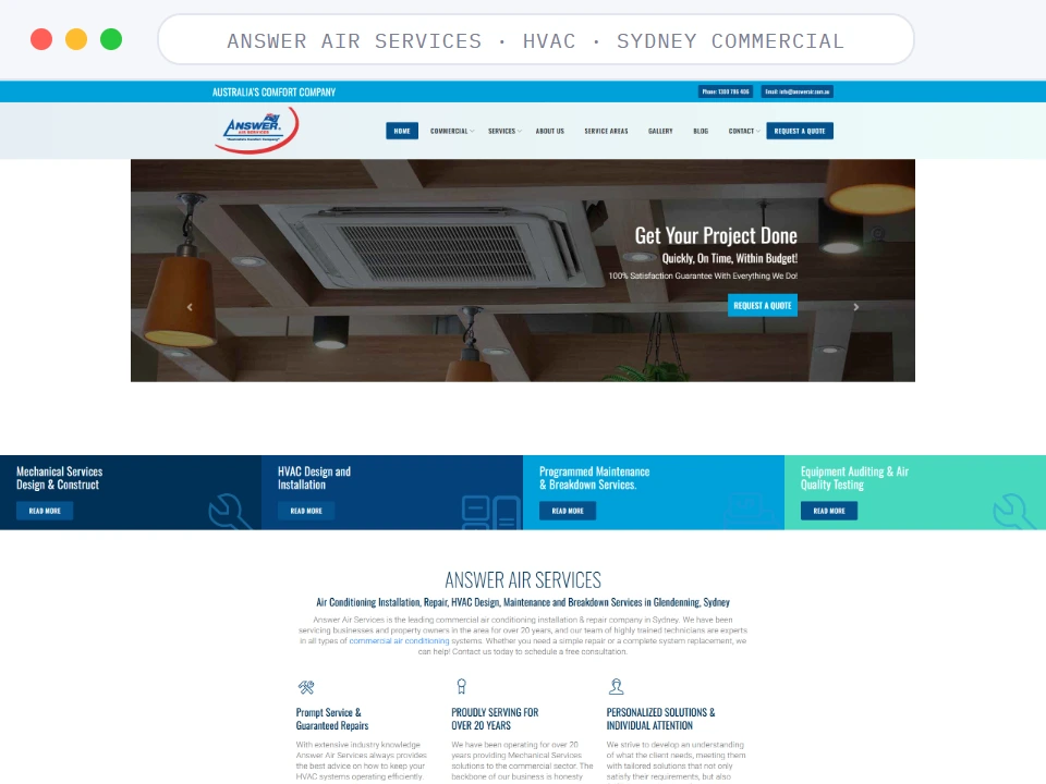 Homepage of Answer Air Services, a HVAC · Sydney commercial business, shown in a browser window