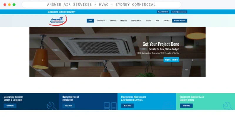Homepage of Answer Air Services, a HVAC · Sydney commercial business, shown in a browser window