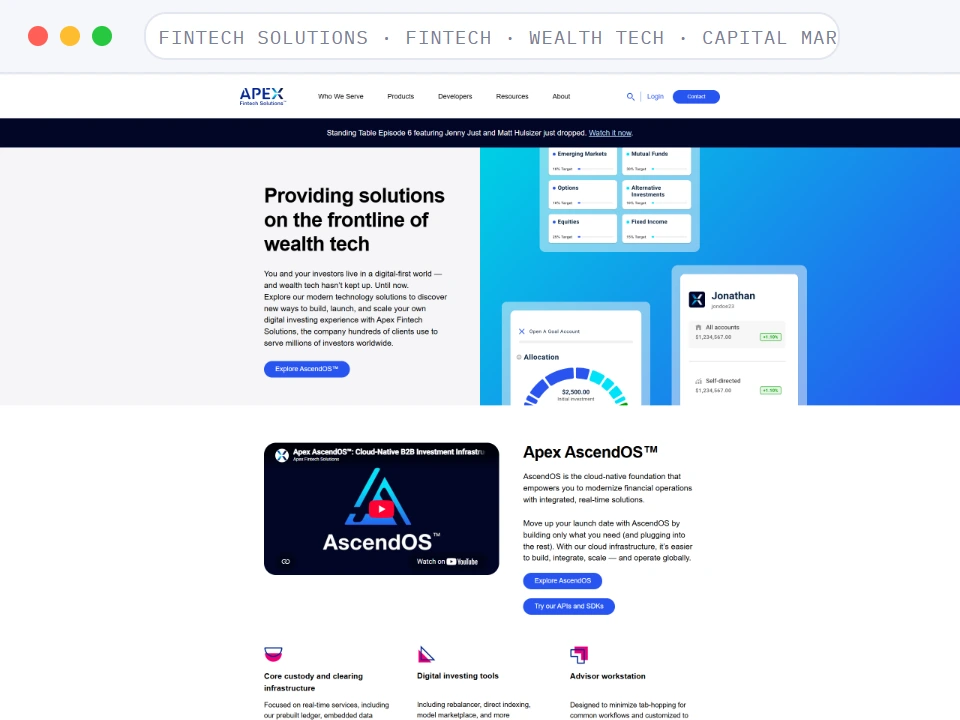 Homepage of Apex Fintech Solutions, a Fintech · Wealth Tech · Capital Markets business, shown in a browser window