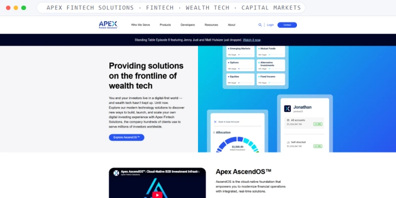 Homepage of Apex Fintech Solutions, a Fintech · Wealth Tech · Capital Markets business, shown in a browser window