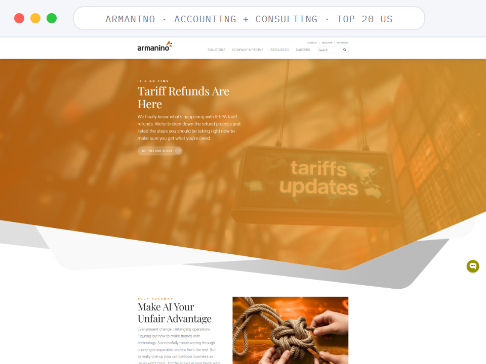 Homepage of Armanino, a Accounting + Consulting · Top 20 US business, shown in a browser window