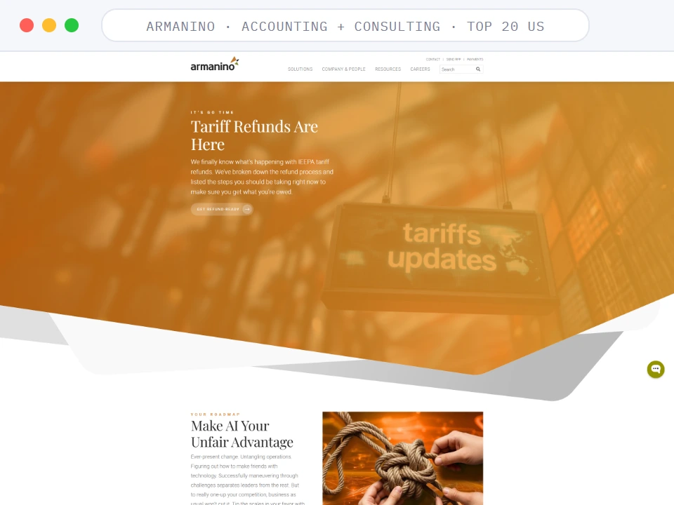 Homepage of Armanino, a Accounting + Consulting · Top 20 US business, shown in a browser window