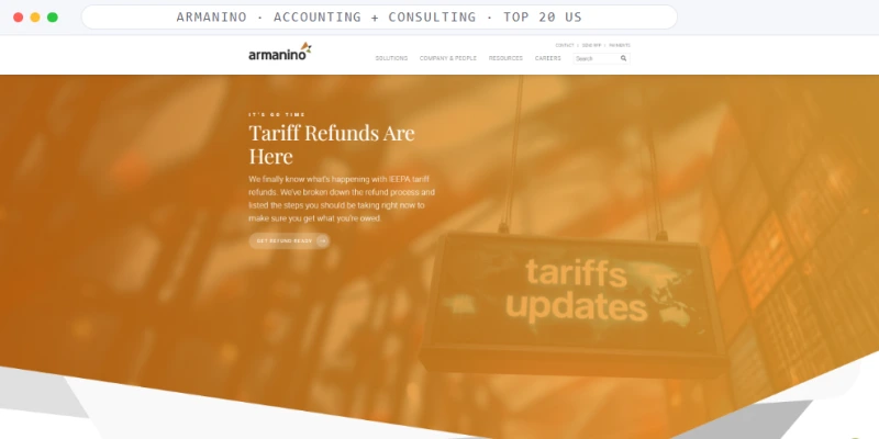 Homepage of Armanino, a Accounting + Consulting · Top 20 US business, shown in a browser window