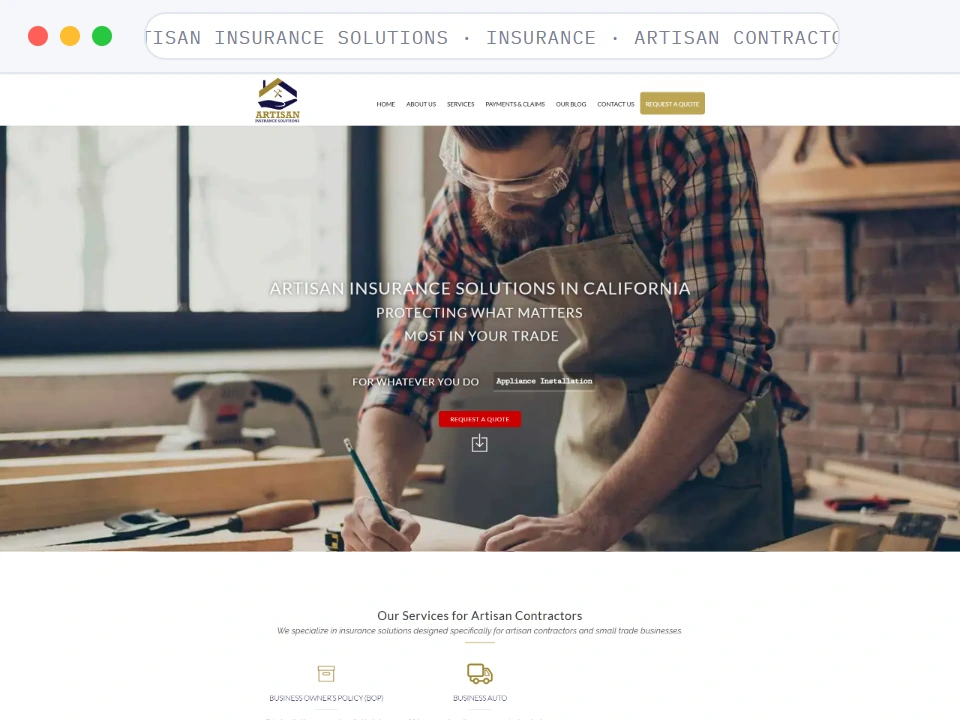 Homepage of Artisan Insurance Solutions, a Insurance · Artisan Contractors business, shown in a browser window