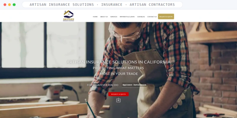 Homepage of Artisan Insurance Solutions, a Insurance · Artisan Contractors business, shown in a browser window