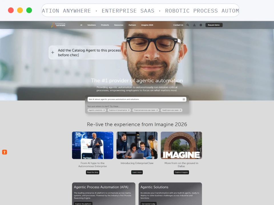 Homepage of Automation Anywhere, a Enterprise SaaS · Robotic Process Automation business, shown in a browser window