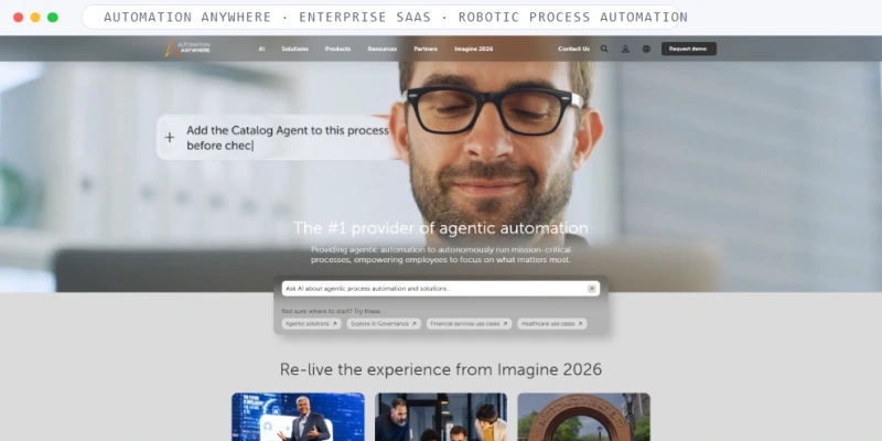 Homepage of Automation Anywhere, a Enterprise SaaS · Robotic Process Automation business, shown in a browser window