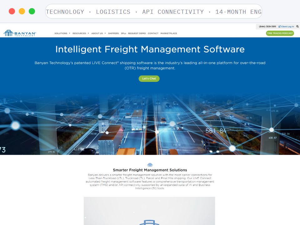 Homepage of Banyan Technology, a Logistics · API Connectivity · 14-Month Engagement business, shown in a browser window