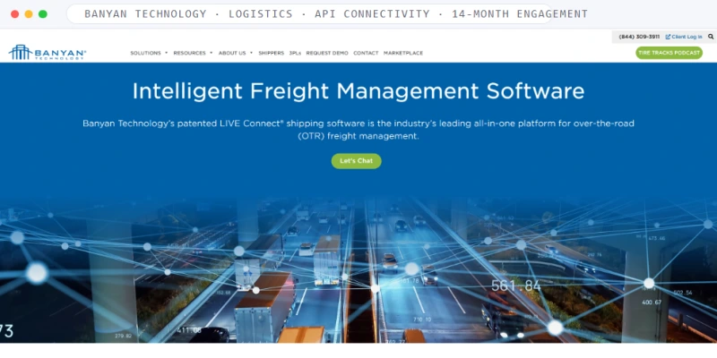 Homepage of Banyan Technology, a Logistics · API Connectivity · 14-Month Engagement business, shown in a browser window