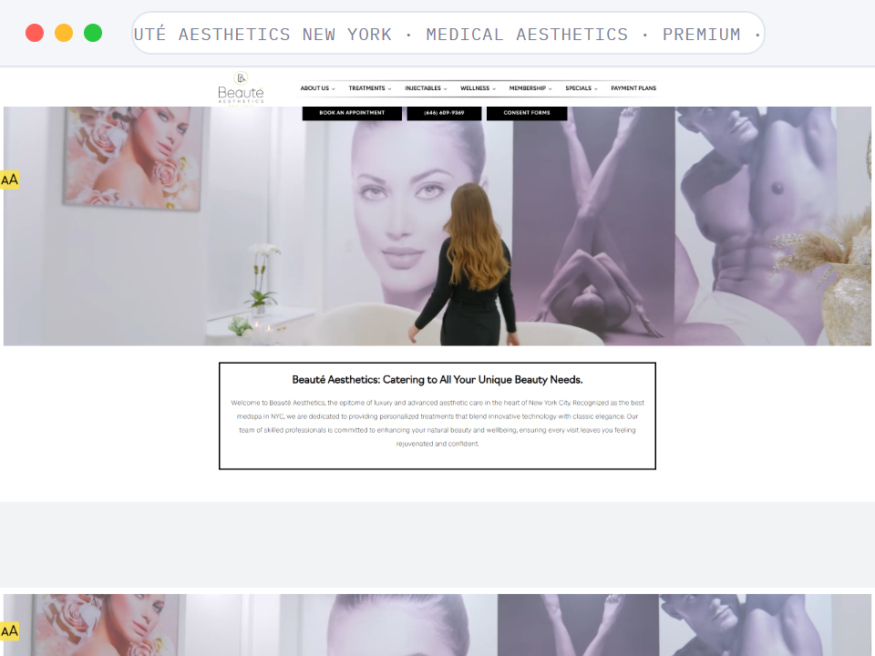 Homepage of Beauté Aesthetics New York, a Medical Aesthetics · Premium · NY business, shown in a browser window