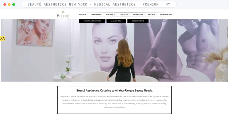 Homepage of Beauté Aesthetics New York, a Medical Aesthetics · Premium · NY business, shown in a browser window
