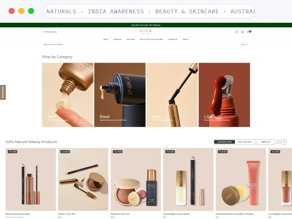 Homepage of Beauty & Skincare · Australian Naturals · India Awareness, a Beauty & Skincare · Australian naturals · India awareness business, shown in a browser window