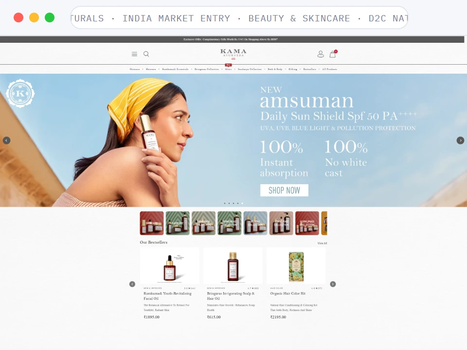 Homepage of an Ayurvedic D2C skincare and haircare brand in India, shown in a browser window