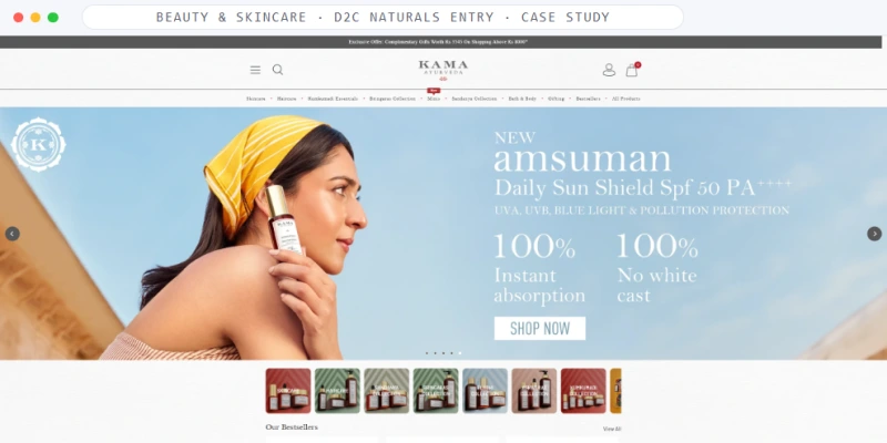 Homepage of an Ayurvedic D2C skincare and haircare brand in India, shown in a browser window