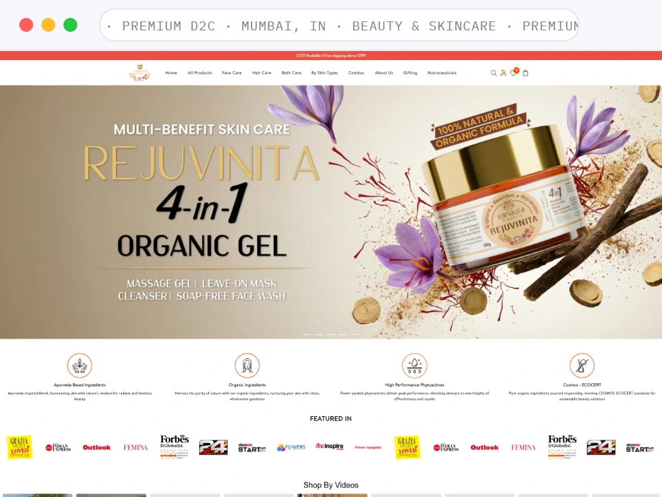 Homepage of Beauty & Skincare · Premium D2C · Mumbai, IN, a Beauty & Skincare · Premium D2C · Mumbai, IN business, shown in a browser window