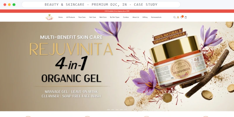Homepage of Beauty & Skincare · Premium D2C · Mumbai, IN, a Beauty & Skincare · Premium D2C · Mumbai, IN business, shown in a browser window