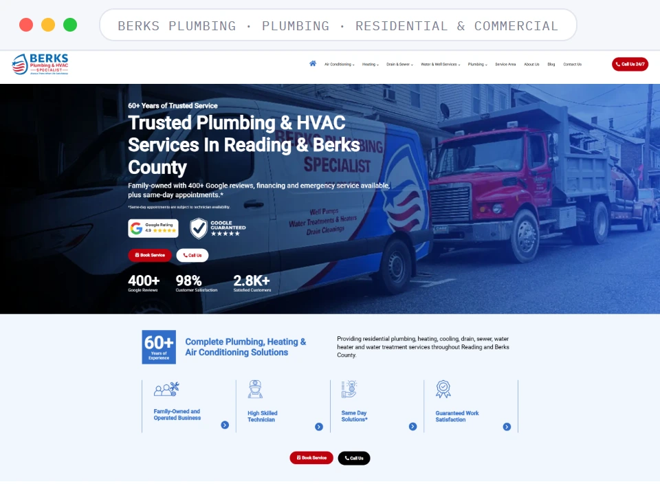 Homepage of Berks Plumbing, a Plumbing · Residential & Commercial business, shown in a browser window