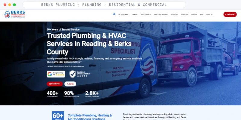 Homepage of Berks Plumbing, a Plumbing · Residential & Commercial business, shown in a browser window