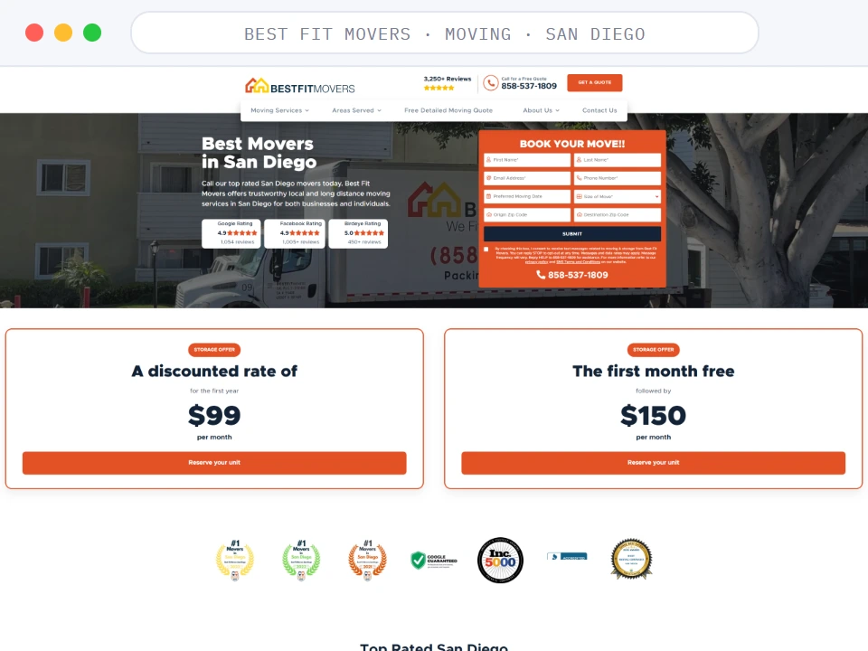 Homepage of Best Fit Movers, a Moving · San Diego business, shown in a browser window
