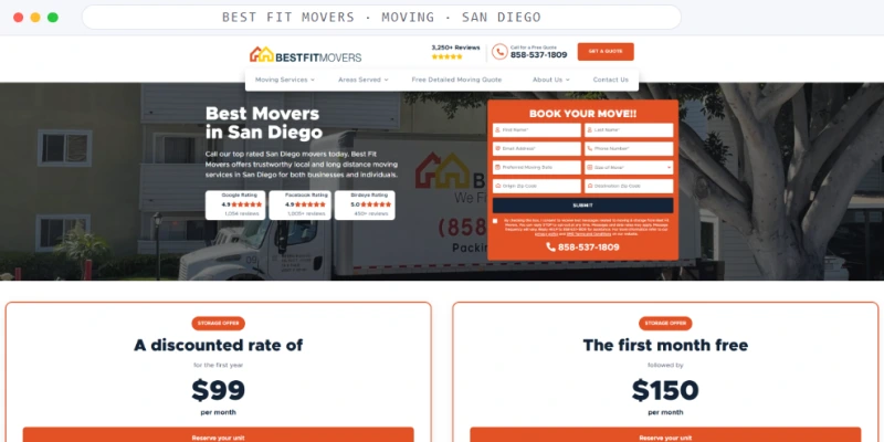 Homepage of Best Fit Movers, a Moving · San Diego business, shown in a browser window