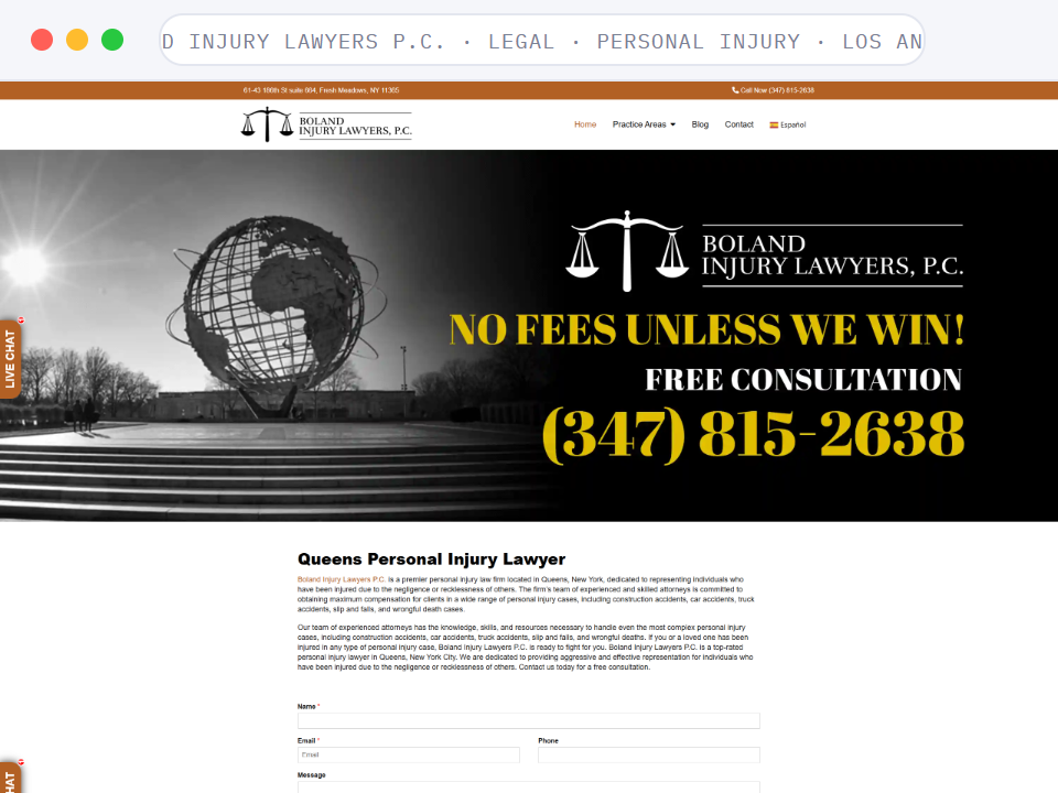 Homepage of Boland Injury Lawyers P.C., a Legal · Personal injury · Queens, NY business, shown in a browser window