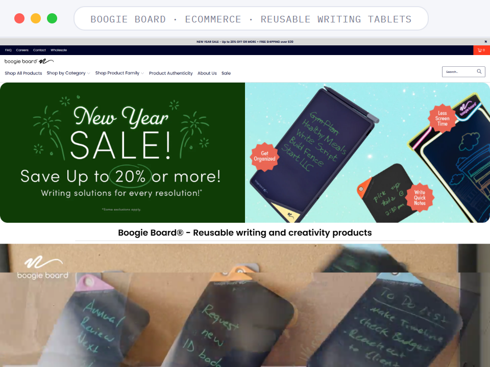 Homepage of Boogie Board, a Ecommerce · Reusable Writing Tablets business, shown in a browser window