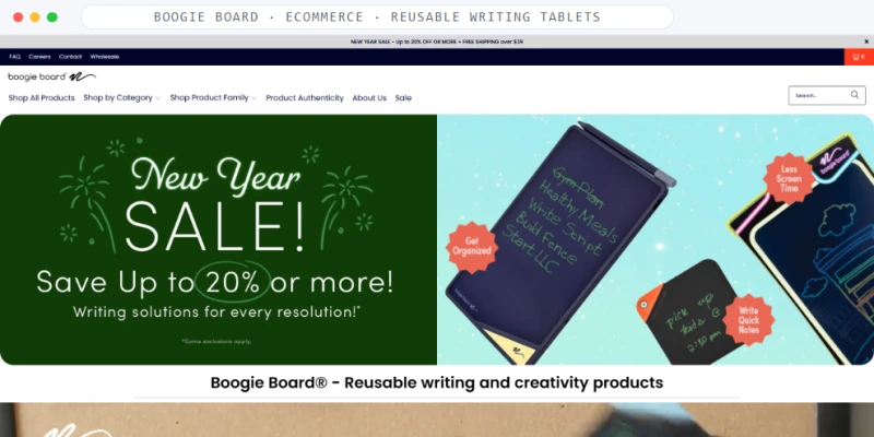 Homepage of Boogie Board, a Ecommerce · Reusable Writing Tablets business, shown in a browser window