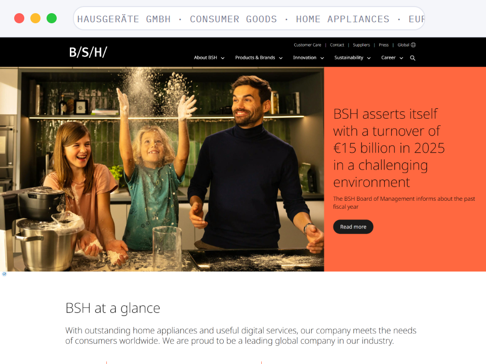 Homepage of BSH Hausgeräte GmbH, a Consumer Goods · Home Appliances · Europe business, shown in a browser window