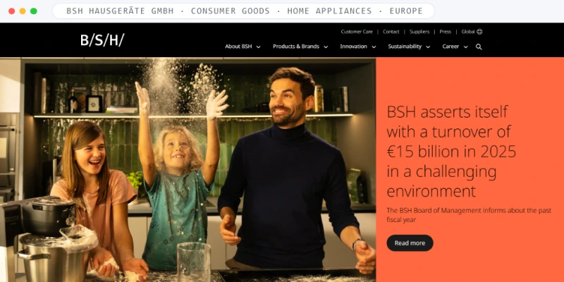 Homepage of BSH Hausgeräte GmbH, a Consumer Goods · Home Appliances · Europe business, shown in a browser window