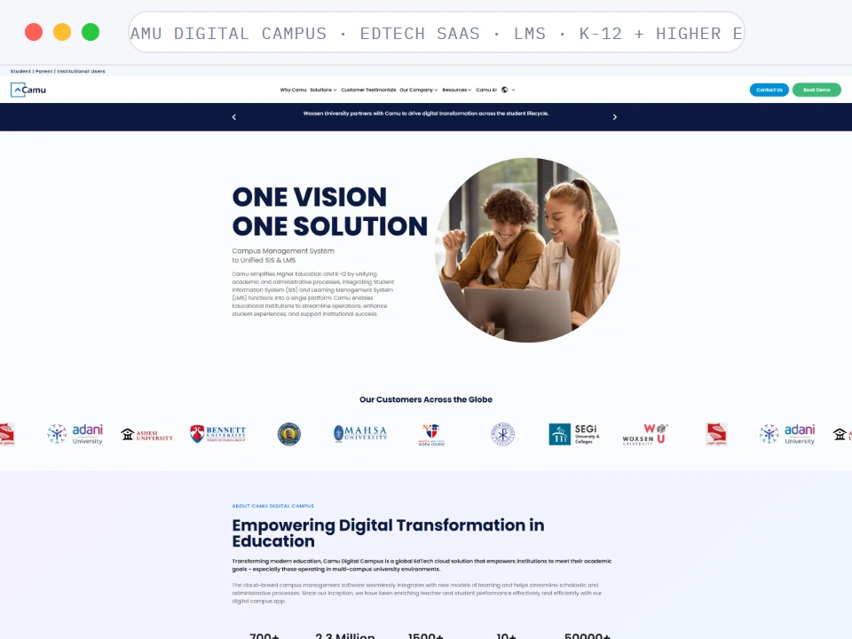 Homepage of Camu Digital Campus, a EdTech SaaS · LMS · K-12 + Higher Ed business, shown in a browser window