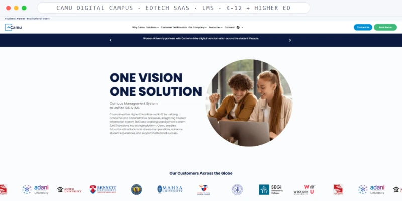 Homepage of Camu Digital Campus, a EdTech SaaS · LMS · K-12 + Higher Ed business, shown in a browser window