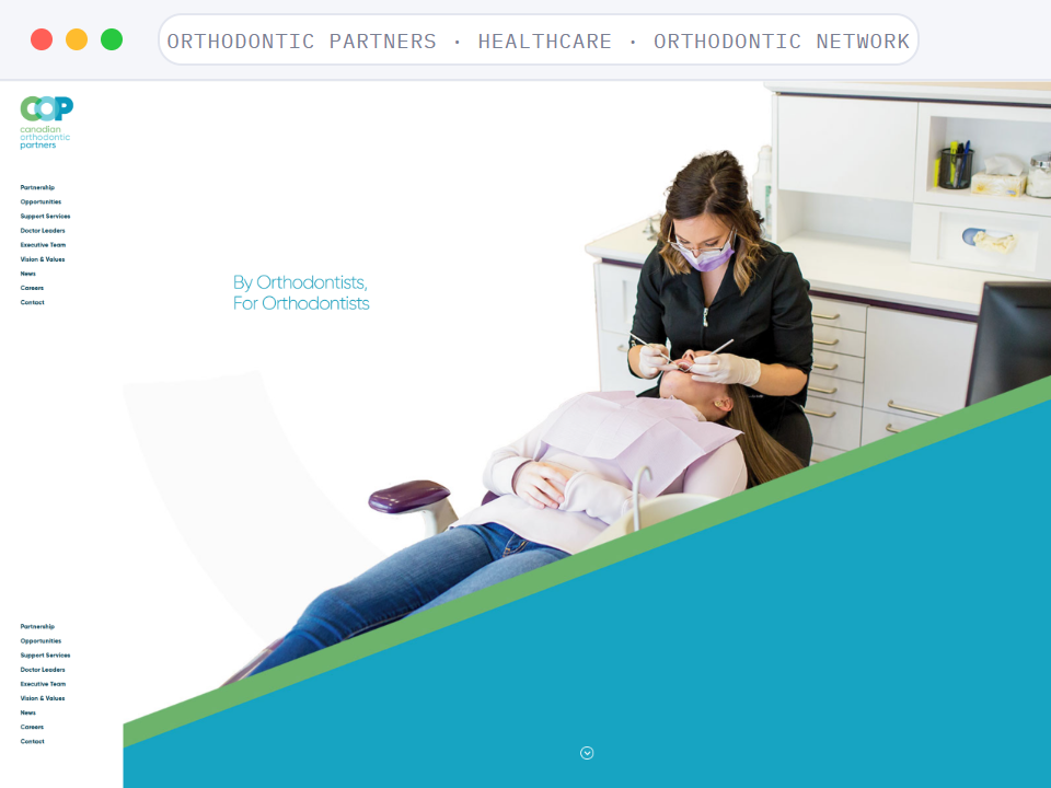 Homepage of Canadian Orthodontic Partners, a Healthcare · Orthodontic Network · Canada business, shown in a browser window