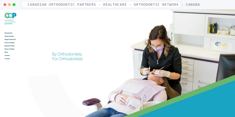 Homepage of Canadian Orthodontic Partners, a Healthcare · Orthodontic Network · Canada business, shown in a browser window