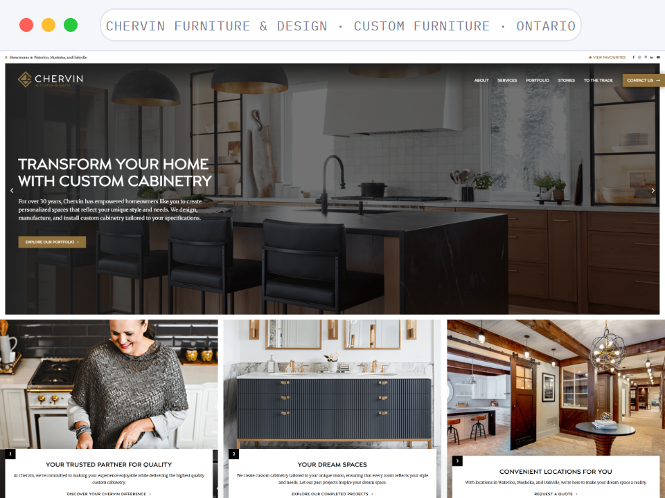 Homepage of Chervin Furniture & Design, a Custom Furniture · Ontario business, shown in a browser window