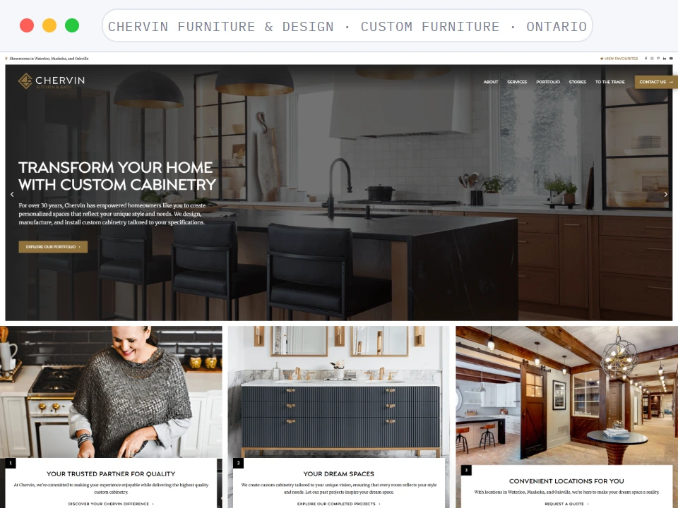 Homepage of Chervin Furniture & Design, a Custom Furniture · Ontario business, shown in a browser window