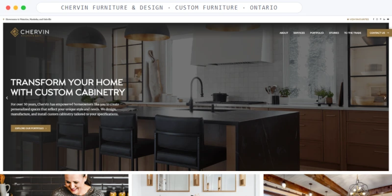 Homepage of Chervin Furniture & Design, a Custom Furniture · Ontario business, shown in a browser window