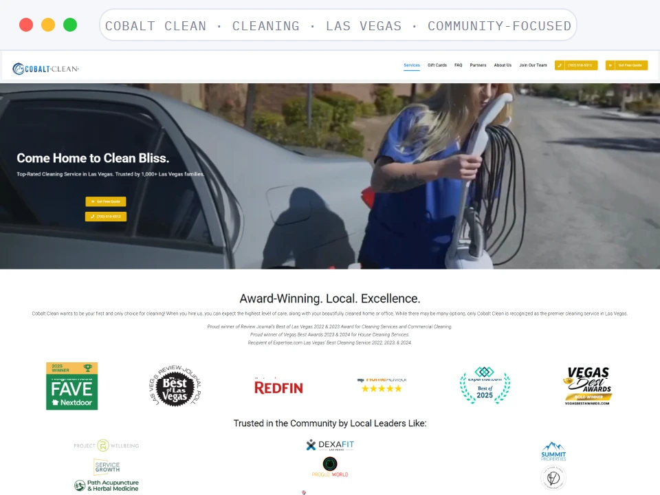 Homepage of Cobalt Clean, a Cleaning · Las Vegas · Community-Focused business, shown in a browser window