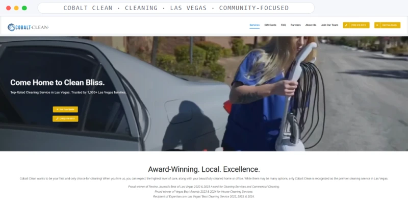 Homepage of Cobalt Clean, a Cleaning · Las Vegas · Community-Focused business, shown in a browser window