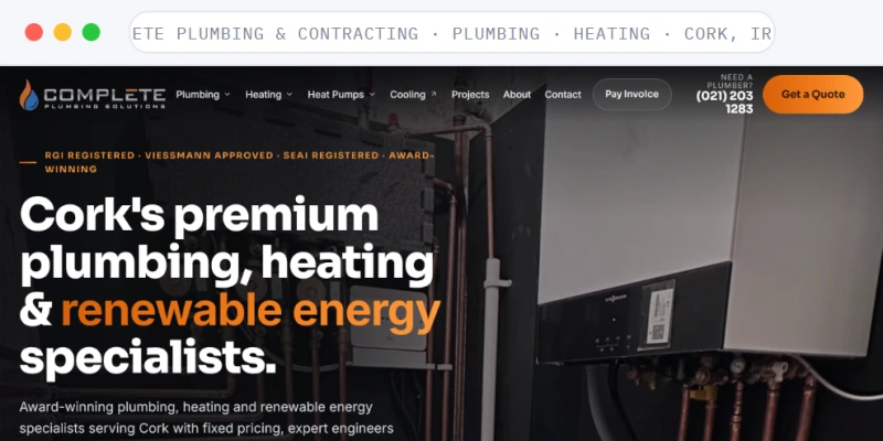 Homepage of Complete Plumbing, a plumbing and heating company in Cork, Ireland, shown in a browser window