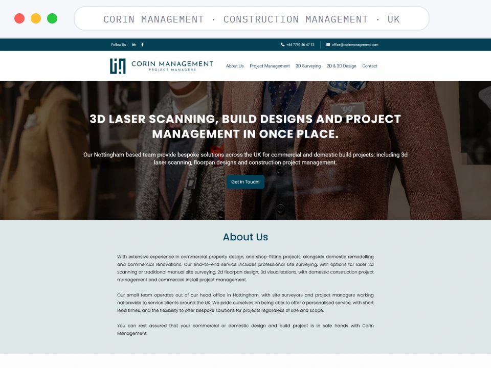 Homepage of Corin Management, a Construction Management · UK business, shown in a browser window