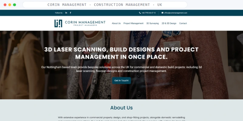 Homepage of Corin Management, a Construction Management · UK business, shown in a browser window