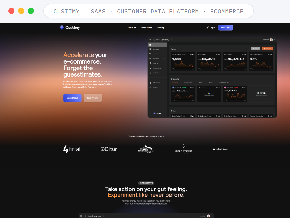 Homepage of Custimy, a SaaS · Customer Data Platform · Ecommerce business, shown in a browser window
