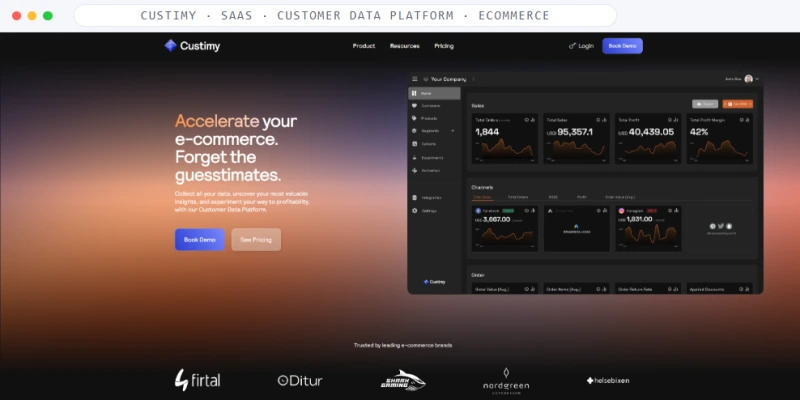 Homepage of Custimy, a SaaS · Customer Data Platform · Ecommerce business, shown in a browser window